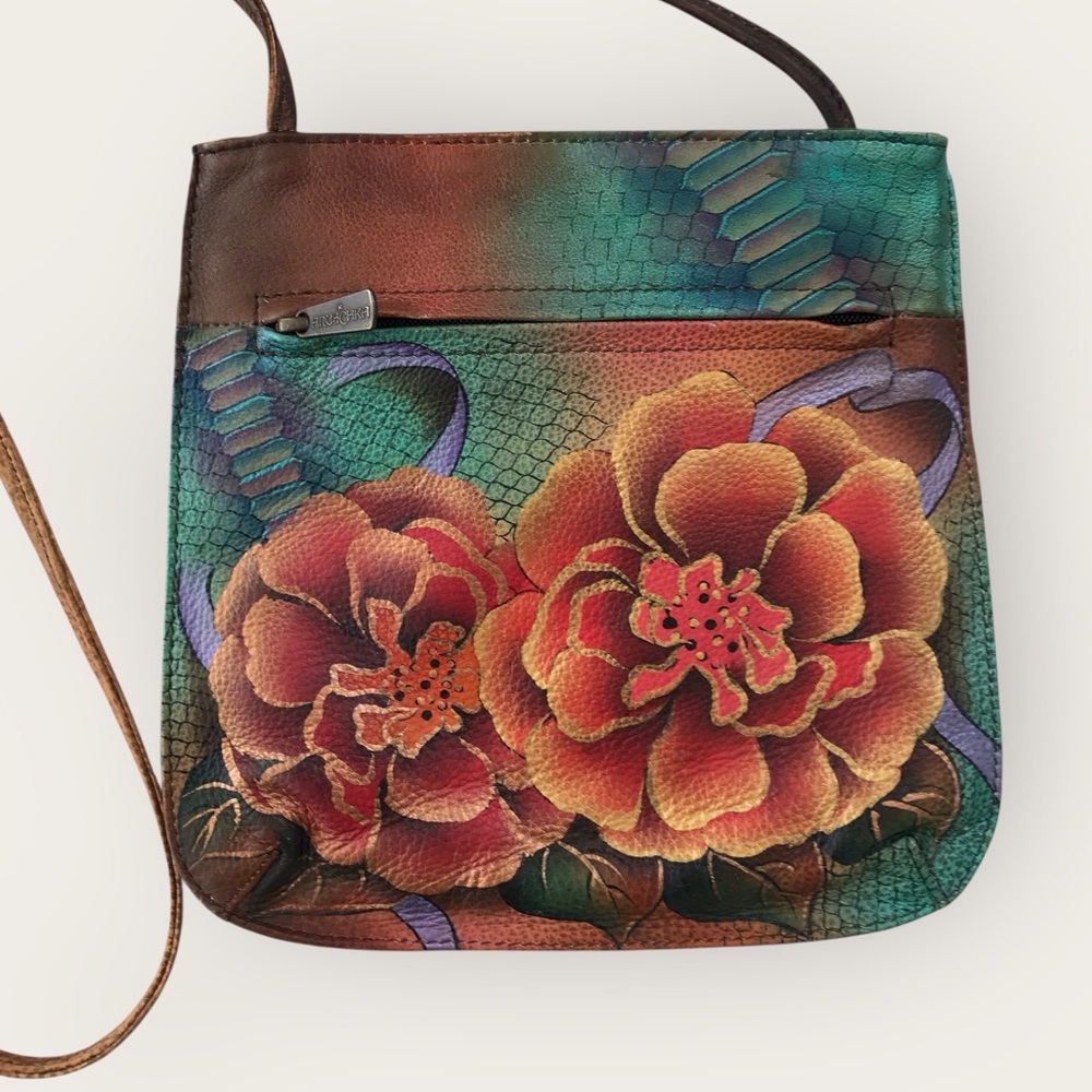 Anuschka Leather Crossbody Purse Floral  Boho Hand-painted Teal Blue & Red - Picture 4 of 10